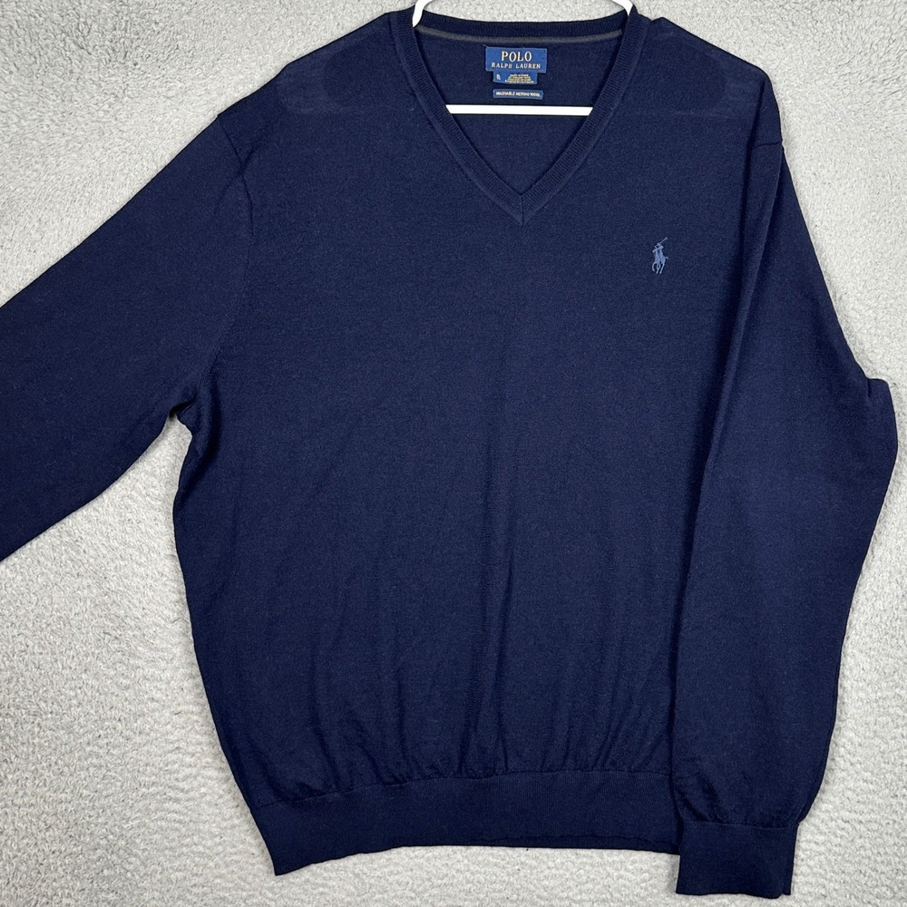 Polo Ralph Lauren Merino Wool Sweater Mens XL Navy Blue V-Neck Knit Pullover EUC